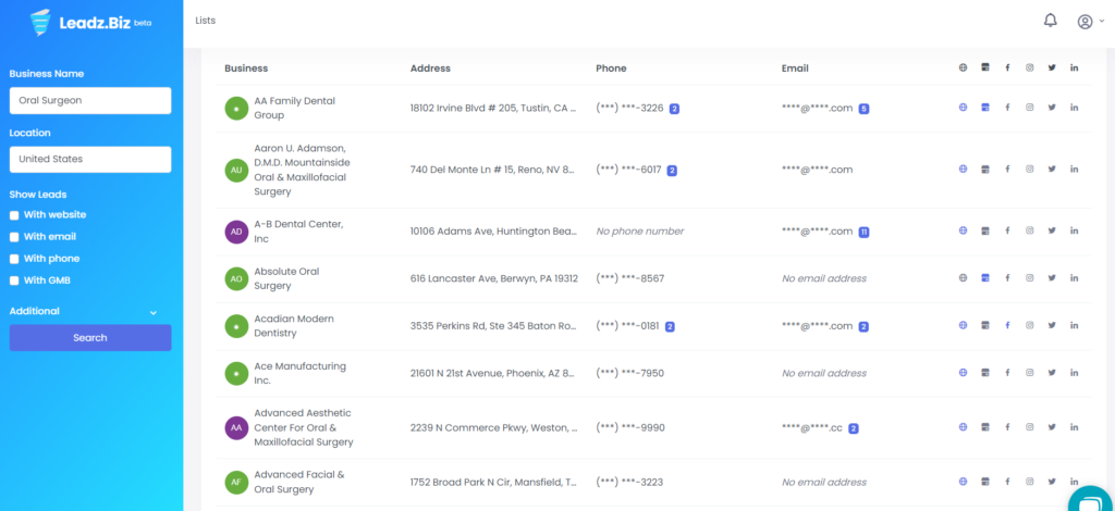 Oral Surgeon sample list