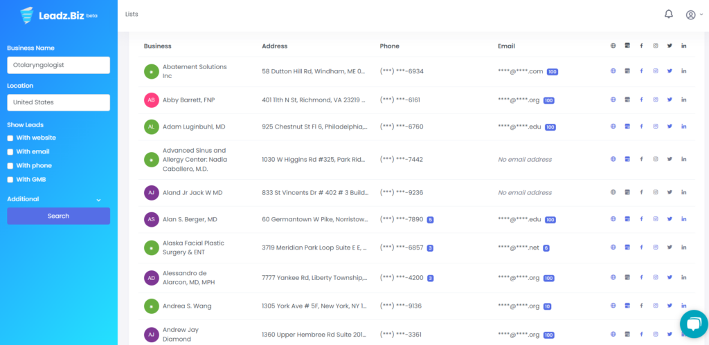 Otolaryngologist sample list