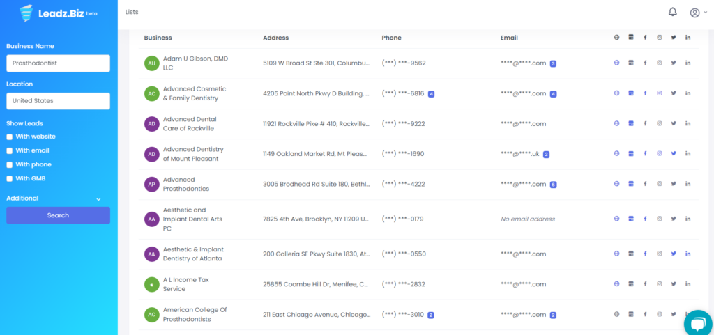 Prosthodontist sample list