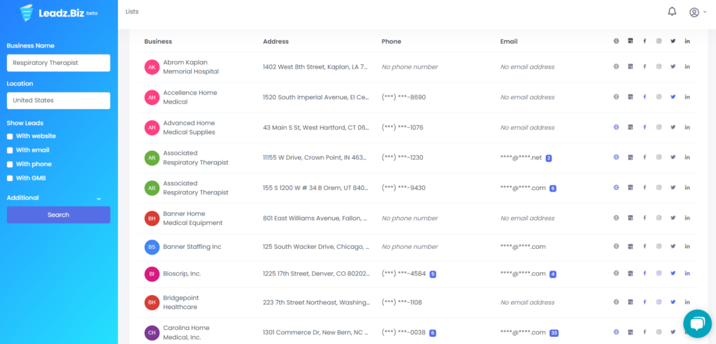 Respiratory Therapist sample list